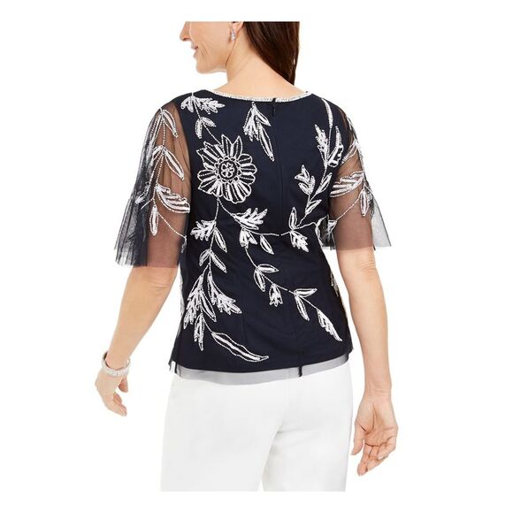 ADRIANNA PAPELL Womens Embellished Mesh Flutter V Neck Blouse - Picture 2 of 3